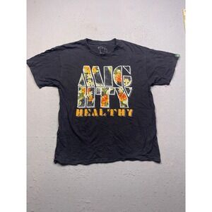 Mighty Healthy T-Shirt 100% Cotton Black Floral Graphic Large Mens